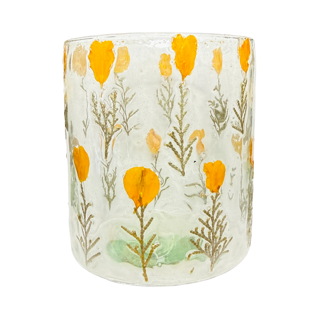 Hand painted glass hurricane with orange poppy design