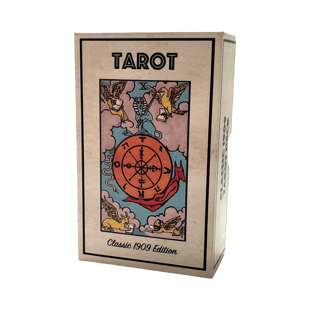 Box of the Classic 1909 Tarot Deck featuring the Wheel of Fortune card artwork on the front.