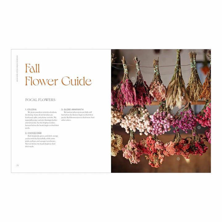 Fall Flower Guide spread from Designing with Dried Flowers book, showing bundles of dried celosia, cockscomb, and globe amaranth hanging to dry.
