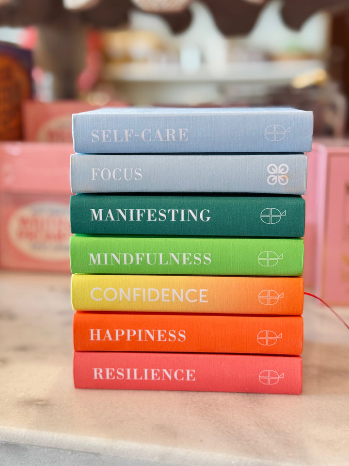 Colorful stack of books titled 'Self-Care', 'Focus', 'Manifesting', 'Mindfulness', 'Confidence', 'Happiness', and 'Resilience' on a blurred background.