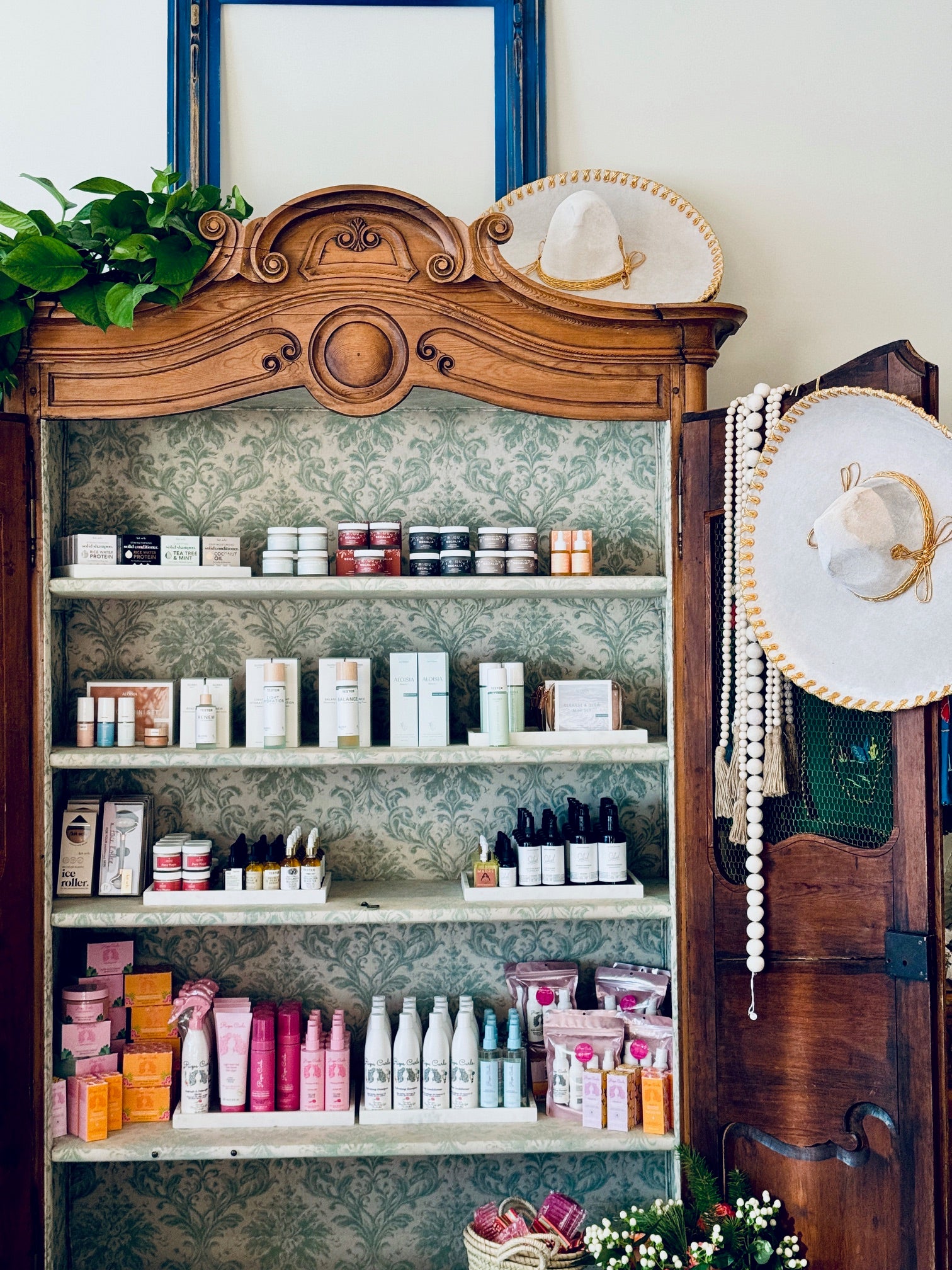 Photo of products inside wood cabinet