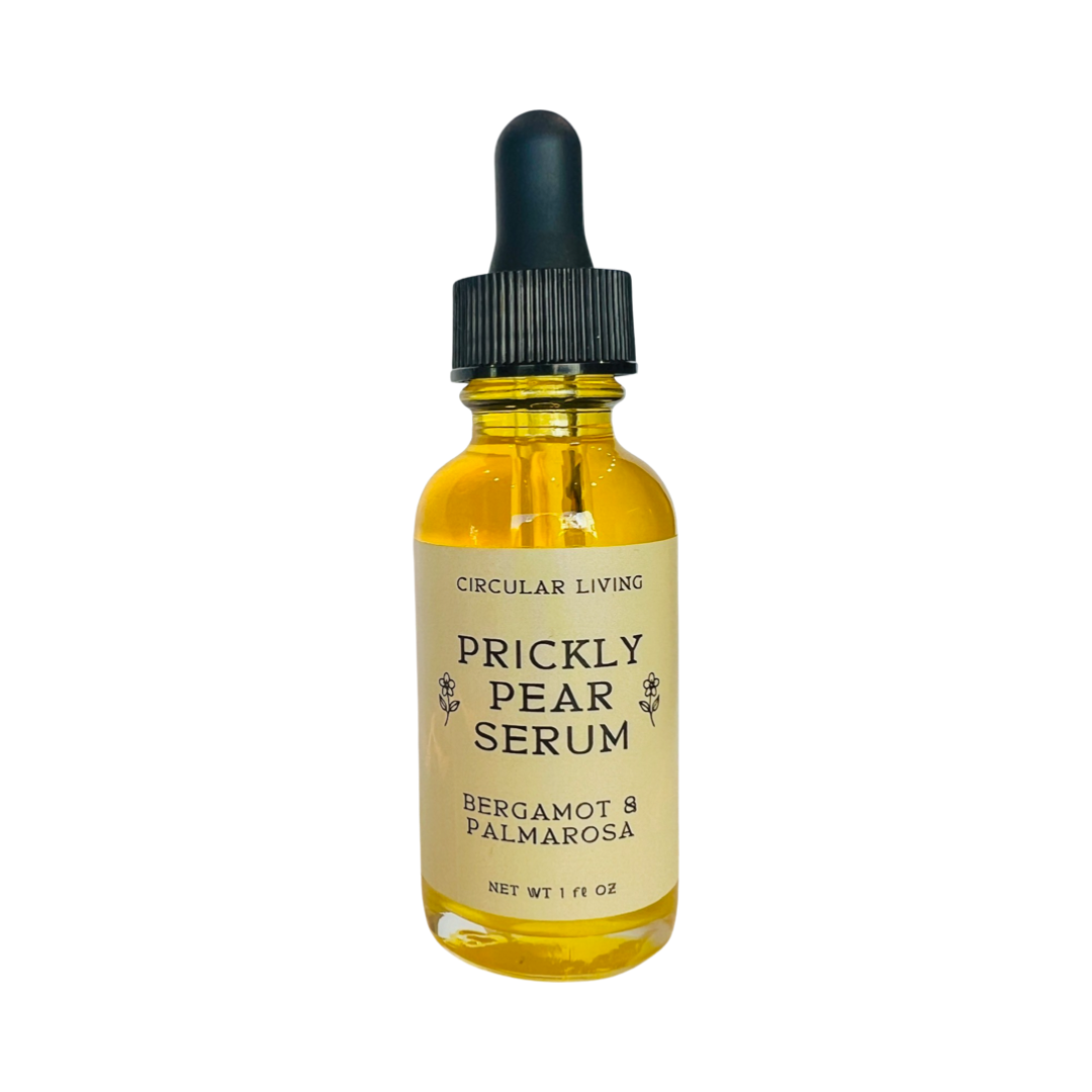 clear 1 oz bottle of prickly pear serum with a black dropper top. Brand: Circular Living