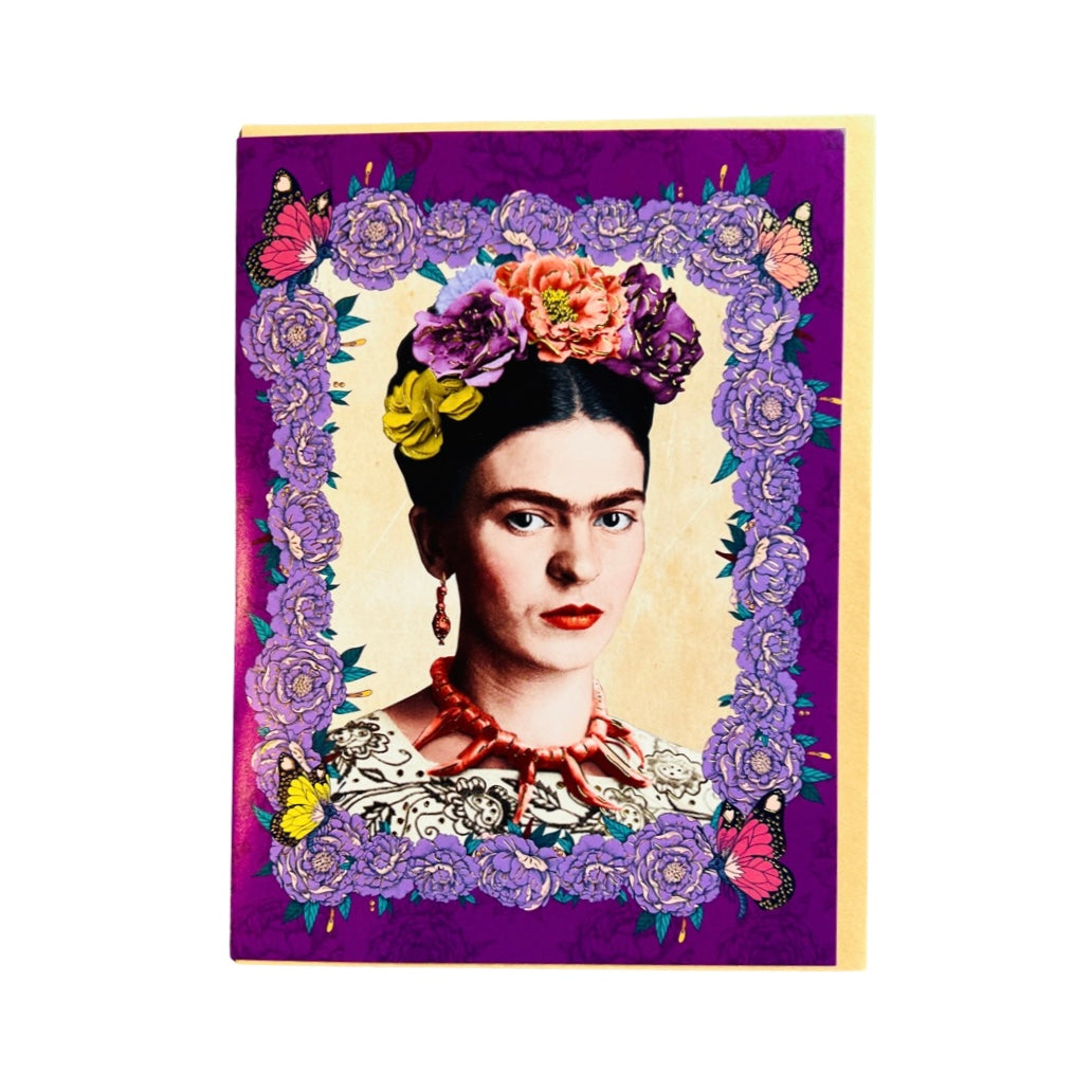 Purple greeting card with an image of Frida Kahlo surrounded by purple flowers and butterflies
