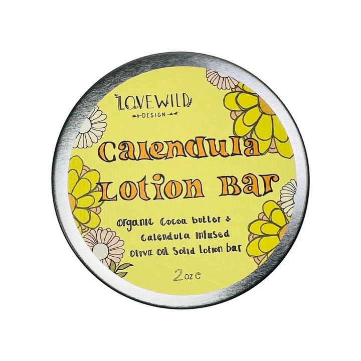 tin container of calendula lotion bar with a yellow branded label  featuring sketches of flowers. Brand: Lovewild Design