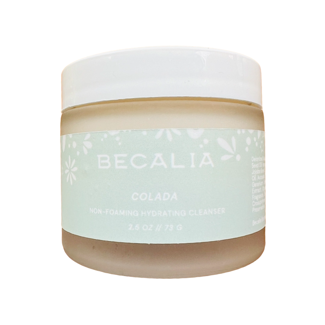 frosted 2.5 oz jar of coloda hydrating cleanser  with a light gray branded label. Brand: Becalia Botanicals