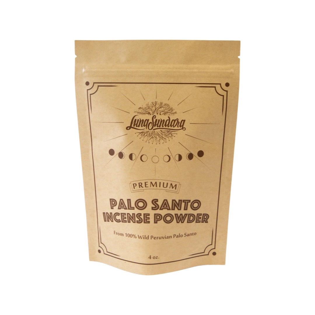 4oz package of Palo santo Incense powder in branded packaging. Brand: Luna Sundara