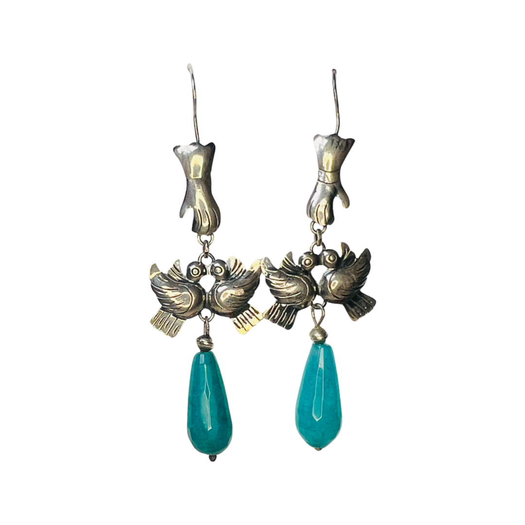 set of silver earrings with hands, set of two love birds and turquoise drop beads