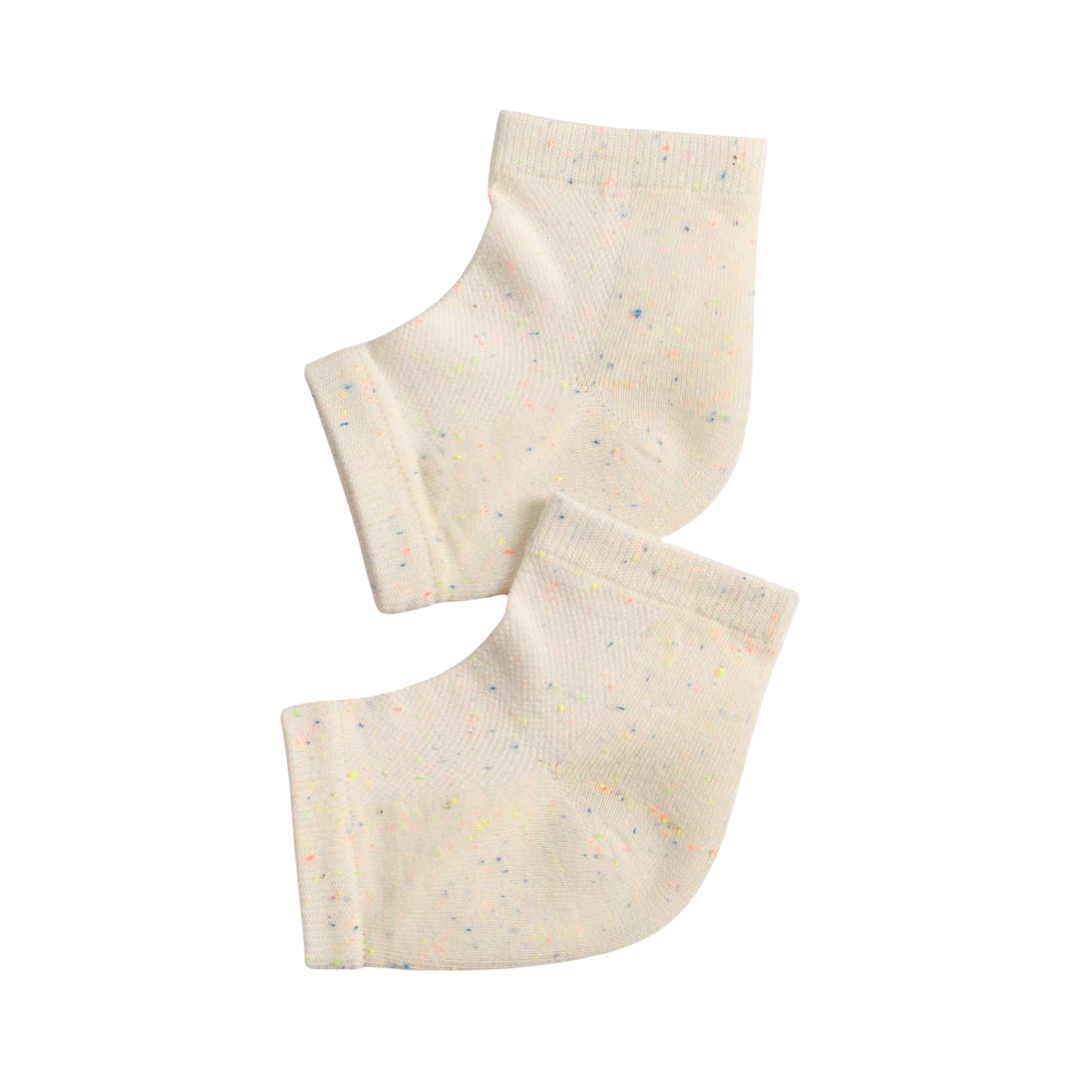 pair of cream colored heel socks with coloful speckles. Brand: Kitsch