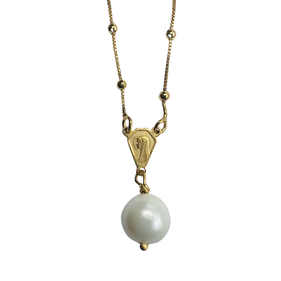 Gold Necklace with a Virgin Mary Medal and a single pearl drop