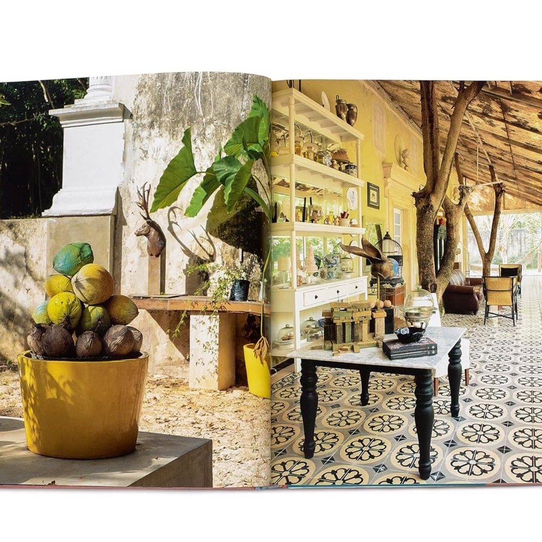Collage of a decorative outdoor setting in yellow and natural tones with plants in an outdoor living space.