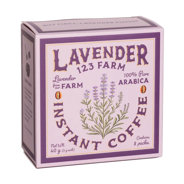 Box of Lavender 123 Farm instant coffee with lavender illustration.