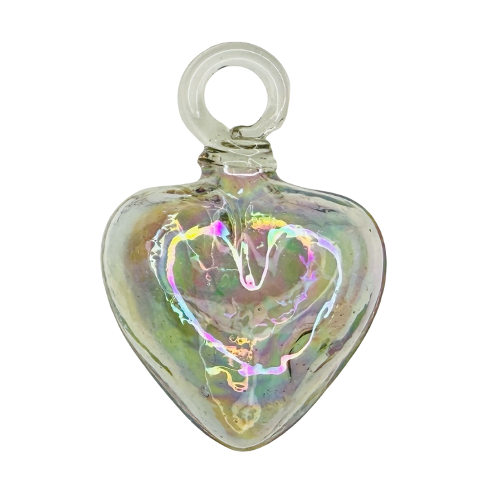 iridescent heart glass with a loop at the top center.