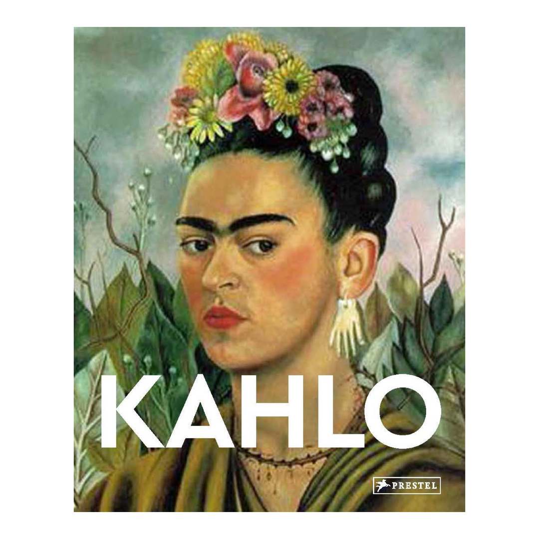 Kahlo Book Cover
The cover of Kahlo, published by Prestel, featuring a close-up reproduction of a Frida Kahlo self-portrait showing the artist with a floral crown of yellow and pink blooms in her dark upswept hair, wearing a green dress and dangling earrings, with bold white typography overlaid at the bottom.