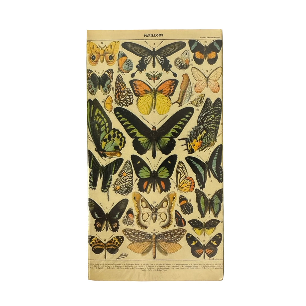 Dark ivory matchbox cover with assorted colorful butterfly illustrations.