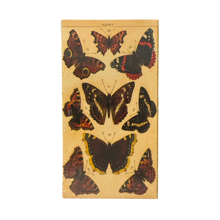 Dark ivory matchbox cover with assorted colorful butterfly illustrations.