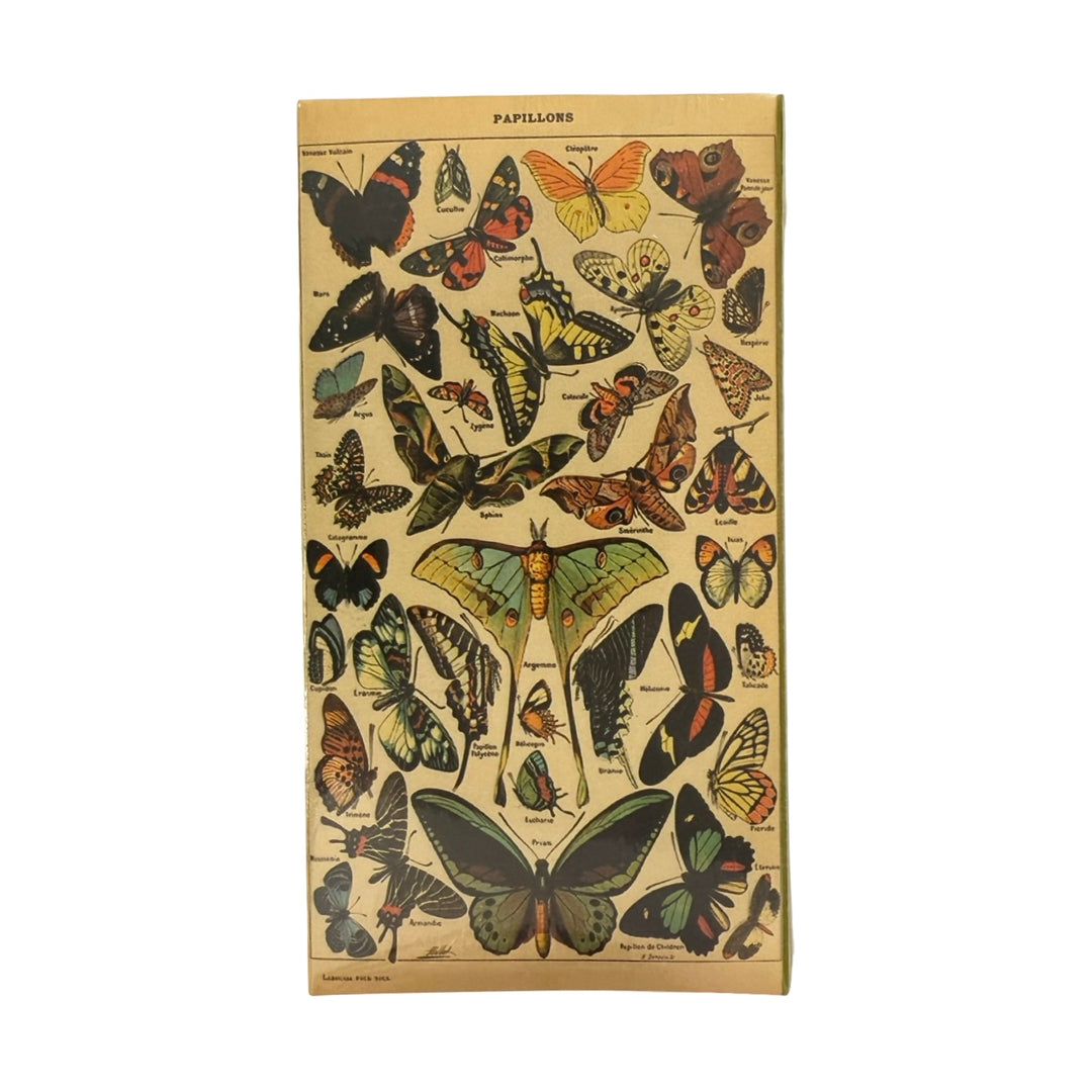 Dark ivory matchbox cover with assorted colorful butterfly illustrations.