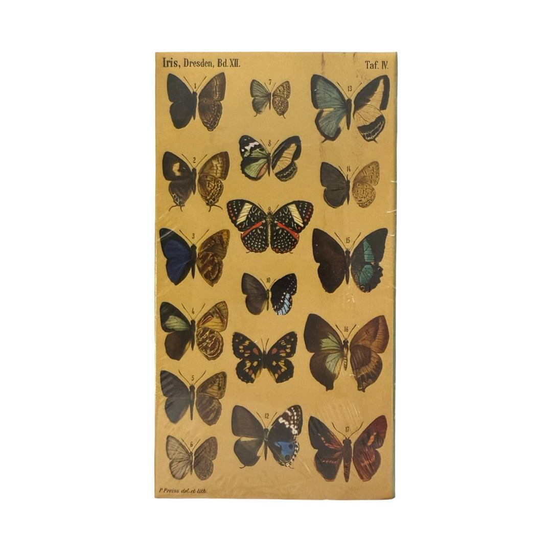 Dark ivory matchbox cover with assorted colorful butterfly illustrations.