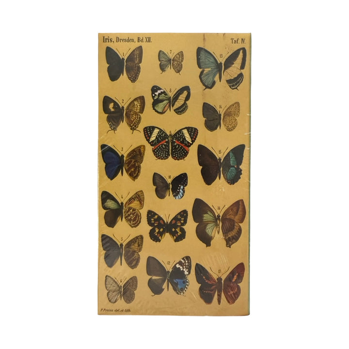 Dark ivory matchbox cover with assorted colorful butterfly illustrations.