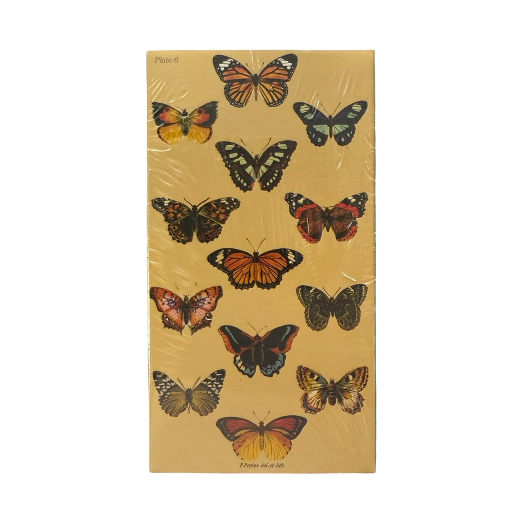 Dark ivory matchbox cover with assorted colorful butterfly illustrations.
