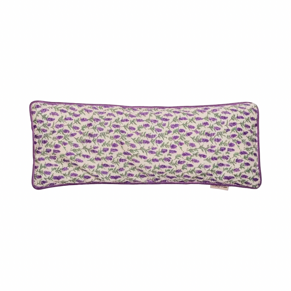 Rectangular lavender print neck pillow with purple velvet trim.