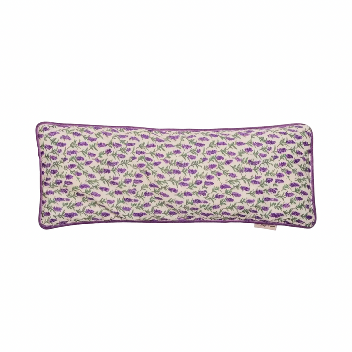 Rectangular lavender print neck pillow with purple velvet trim.