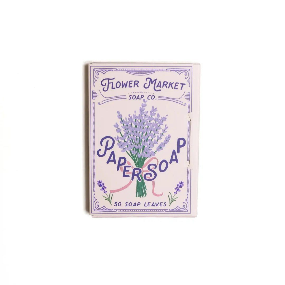 A package of Lavender Paper Soap Co. with a floral design and the text '50 Soap Leaves' on the front.