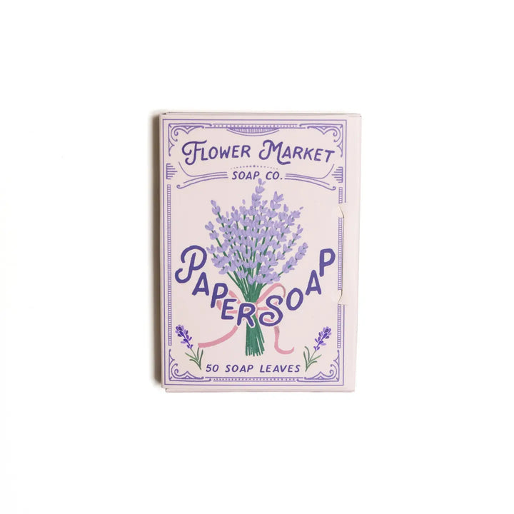 A package of Lavender Paper Soap Co. with a floral design and the text '50 Soap Leaves' on the front.