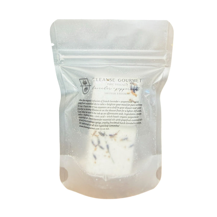 White plastic opaque pouch of shower steamers by Cleanse Gourmet has package content description in fine black print.