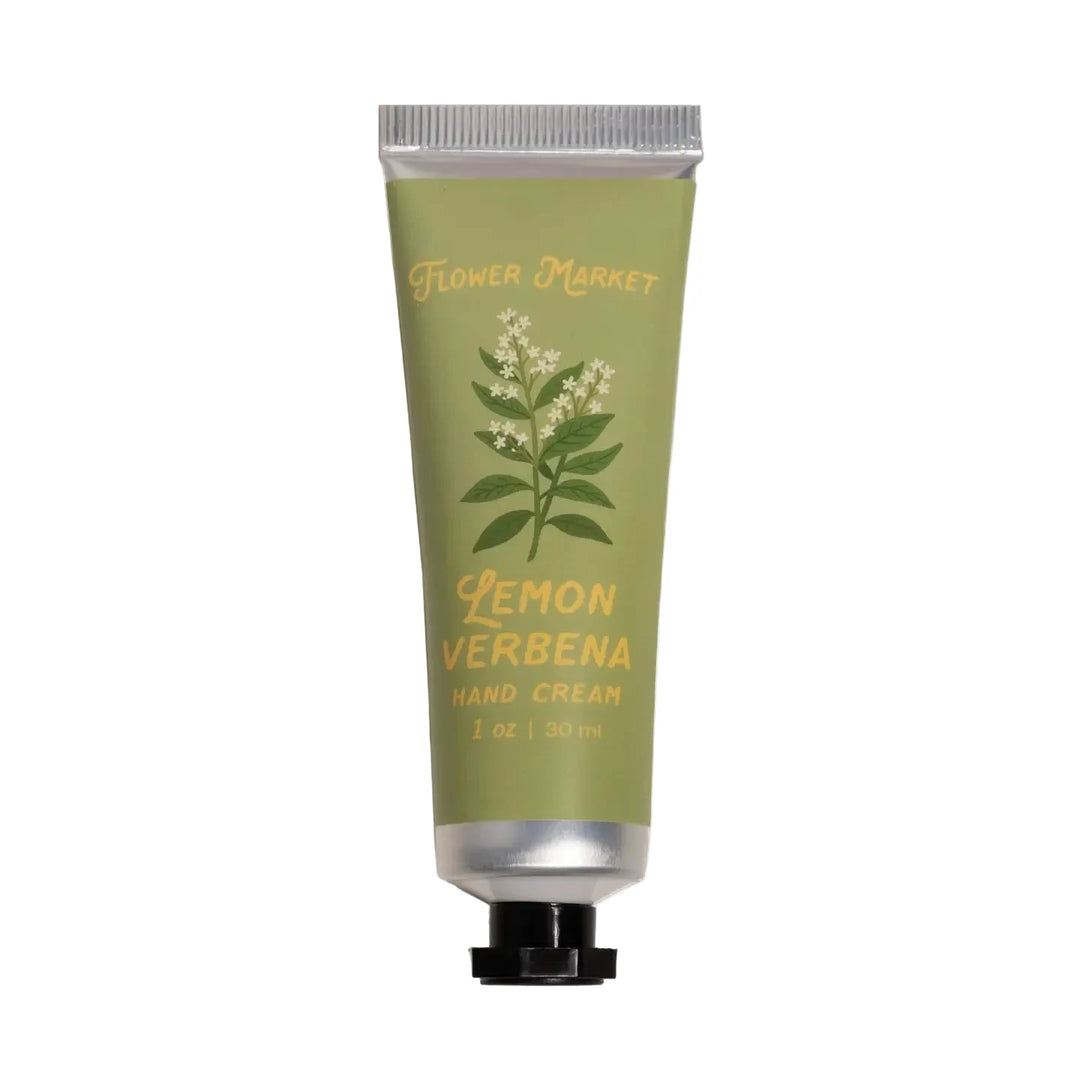 A 1 oz sage green tube of Flower Market Lemon Verbena Hand Cream with a botanical illustration of a verbena sprig.