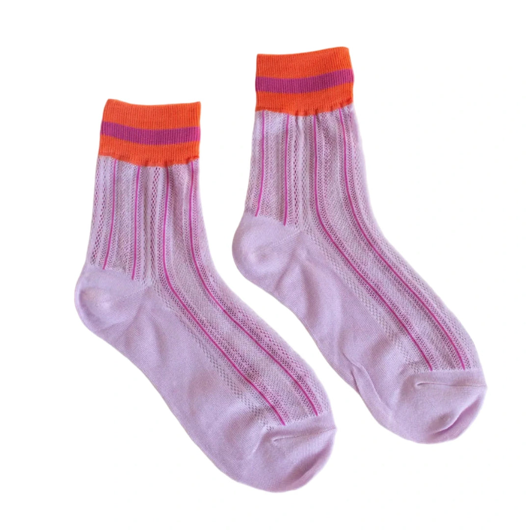 Pair of lilac mesh ankle socks with pink stripes and a bold orange and purple cuff.
