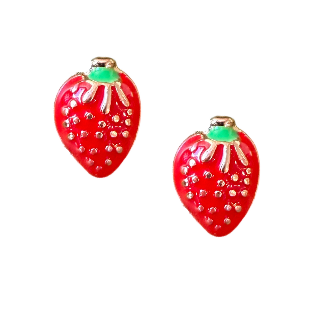 Strawberry-shaped earrings with red body, green top, and gold accents