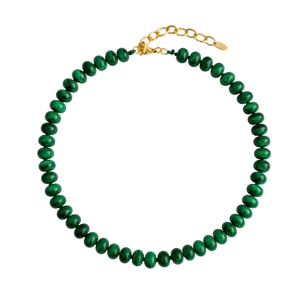 Malachite green stone rondelle bead necklace with a gold chain extender.