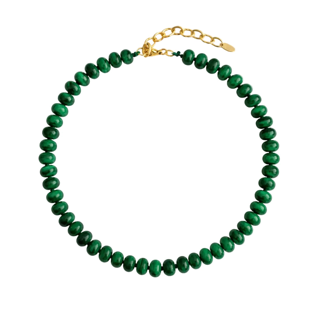 Malachite green stone rondelle bead necklace with a gold chain extender.