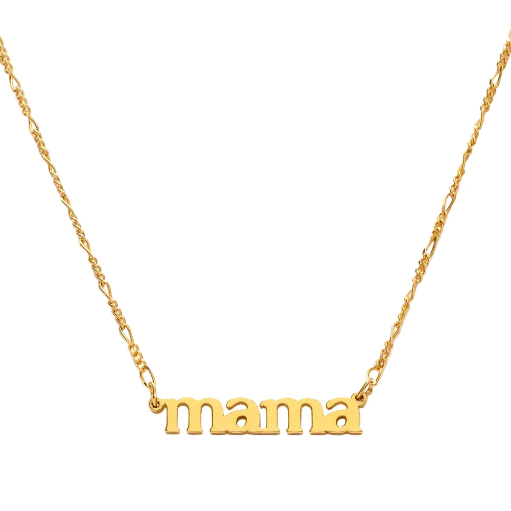 A close-up of a polished gold 'mama' pendant in a charming serif font, hung on a fine gold Figaro chain.