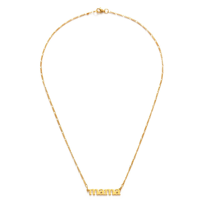 A delicate gold Figaro chain necklace with a small polished gold 'mama' pendant in a serif font.