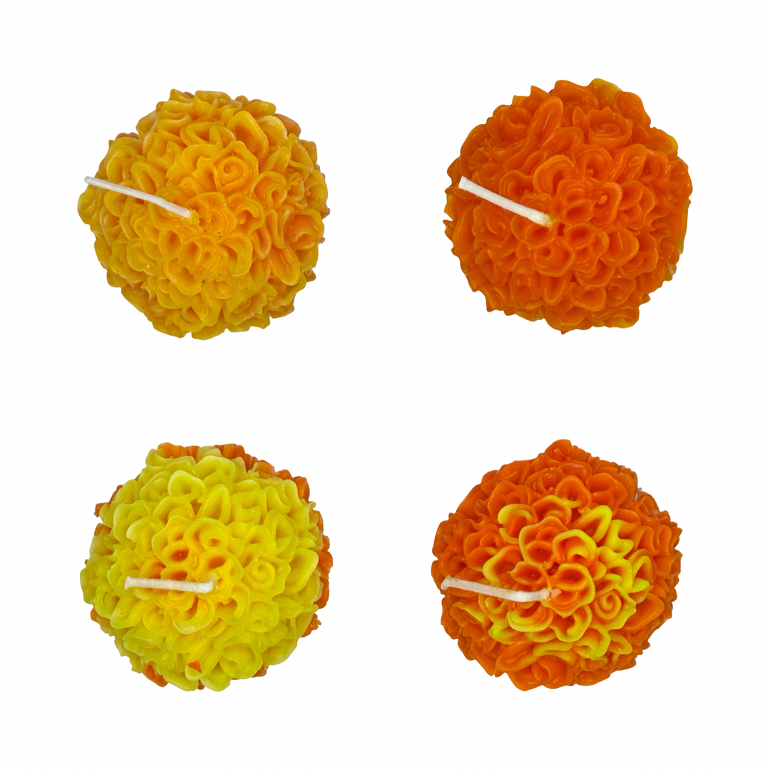 set of 4 Marigold shaped candle in orange and yellow.