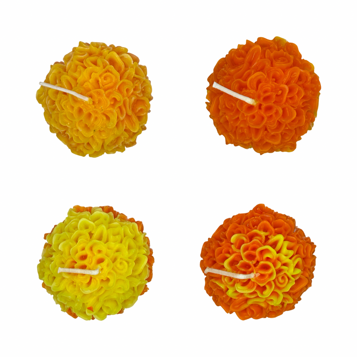 set of 4 Marigold shaped candle in orange and yellow.