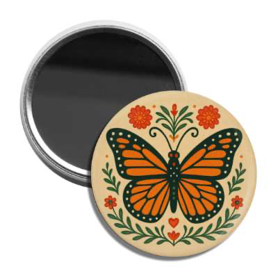 Round pocket mirror with a butterfly design on a beige background shown on top of one mirror side up.