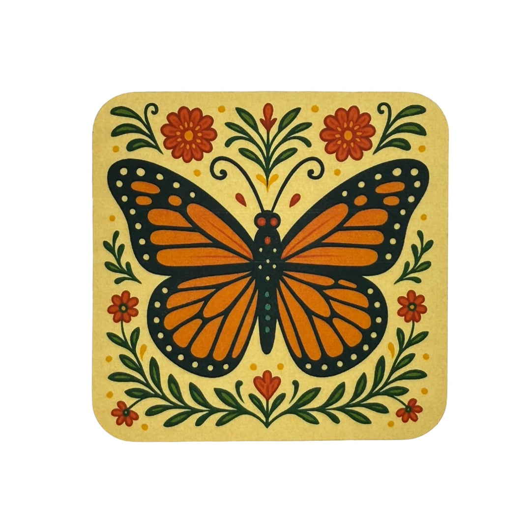 Square sticker with rounded corners featuring an orange and black monarch butterfly centered among red flowers and green leaves on a warm yellow background, styled with folk art inspiration.