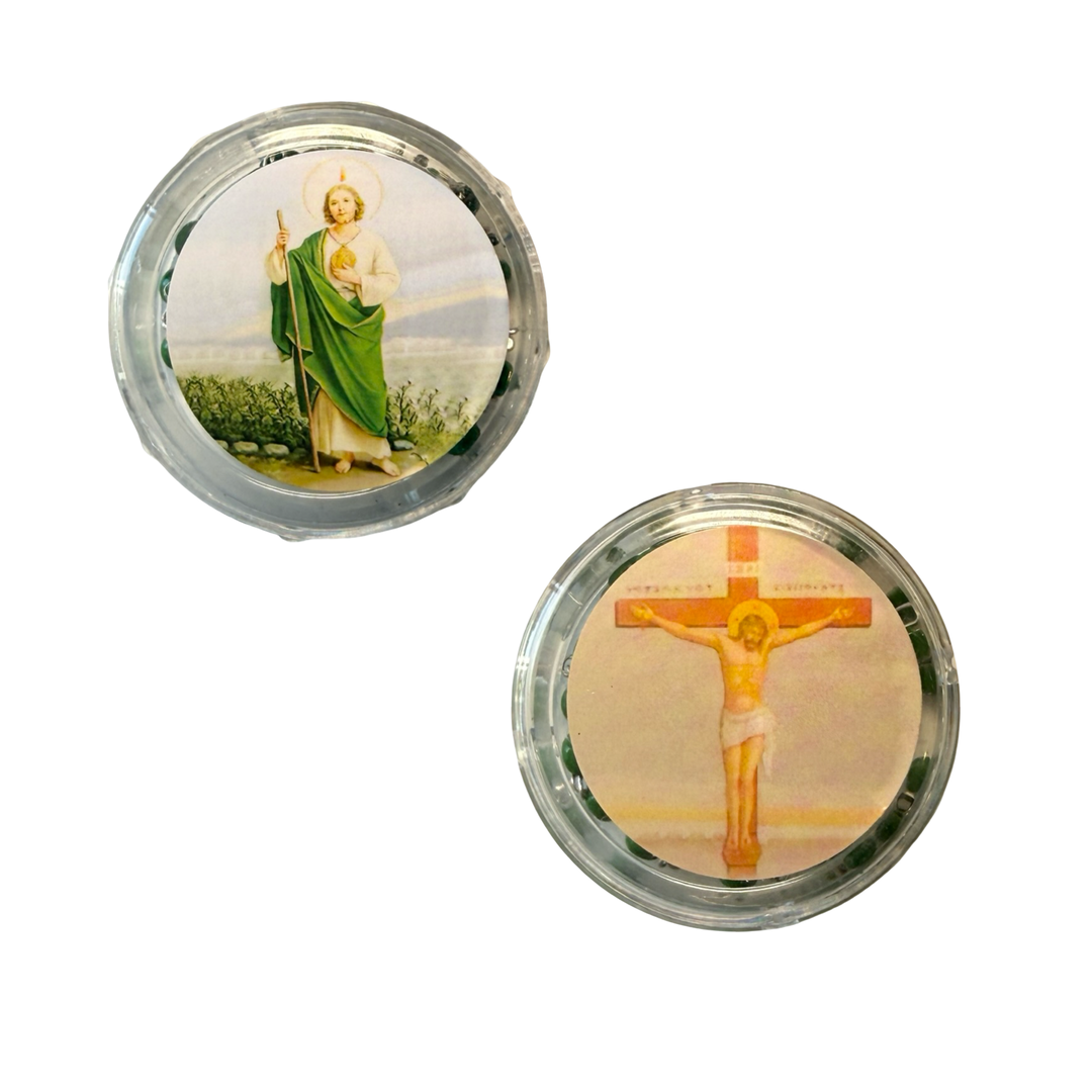 Two circular religious-themed items on a white background