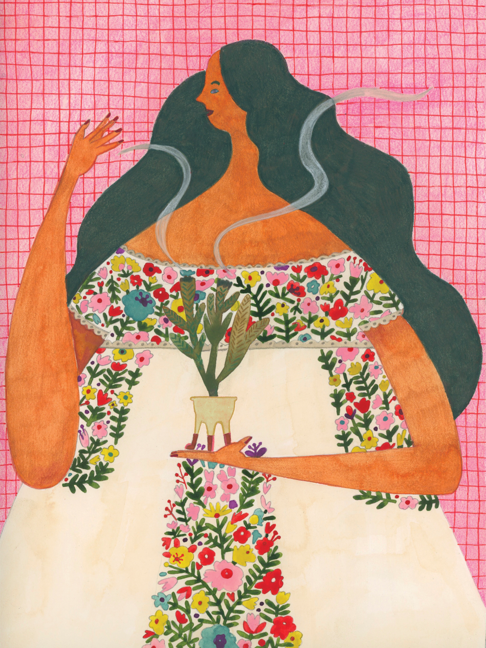 Whimsical illustration of brunette woman wearing a floral blouse holding a copalero containing burning Palma Dulce. 
