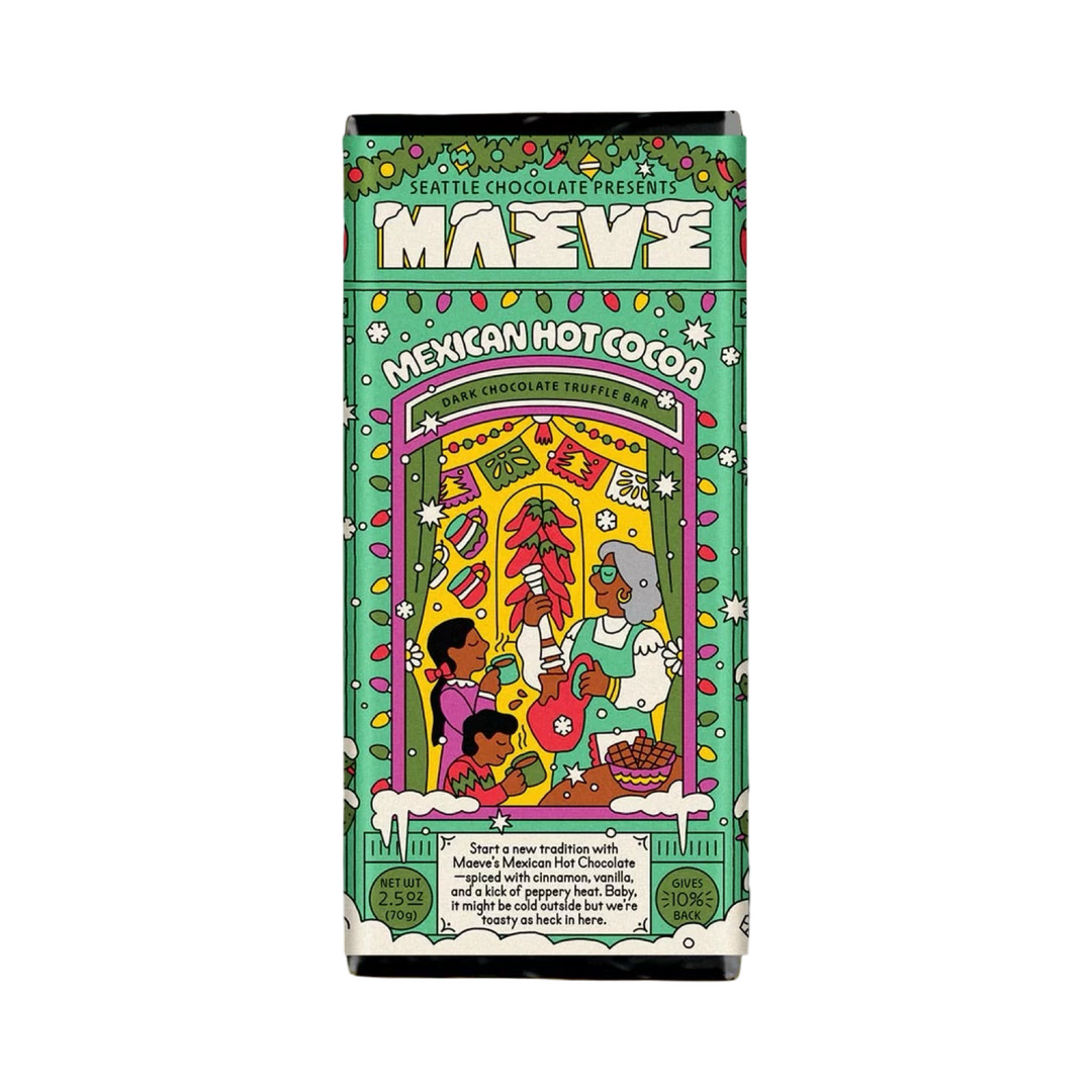 Mexican hot cocoa chocolate bar packaging with colorful design featuring people drinking cocoa and enjoying the holidays.