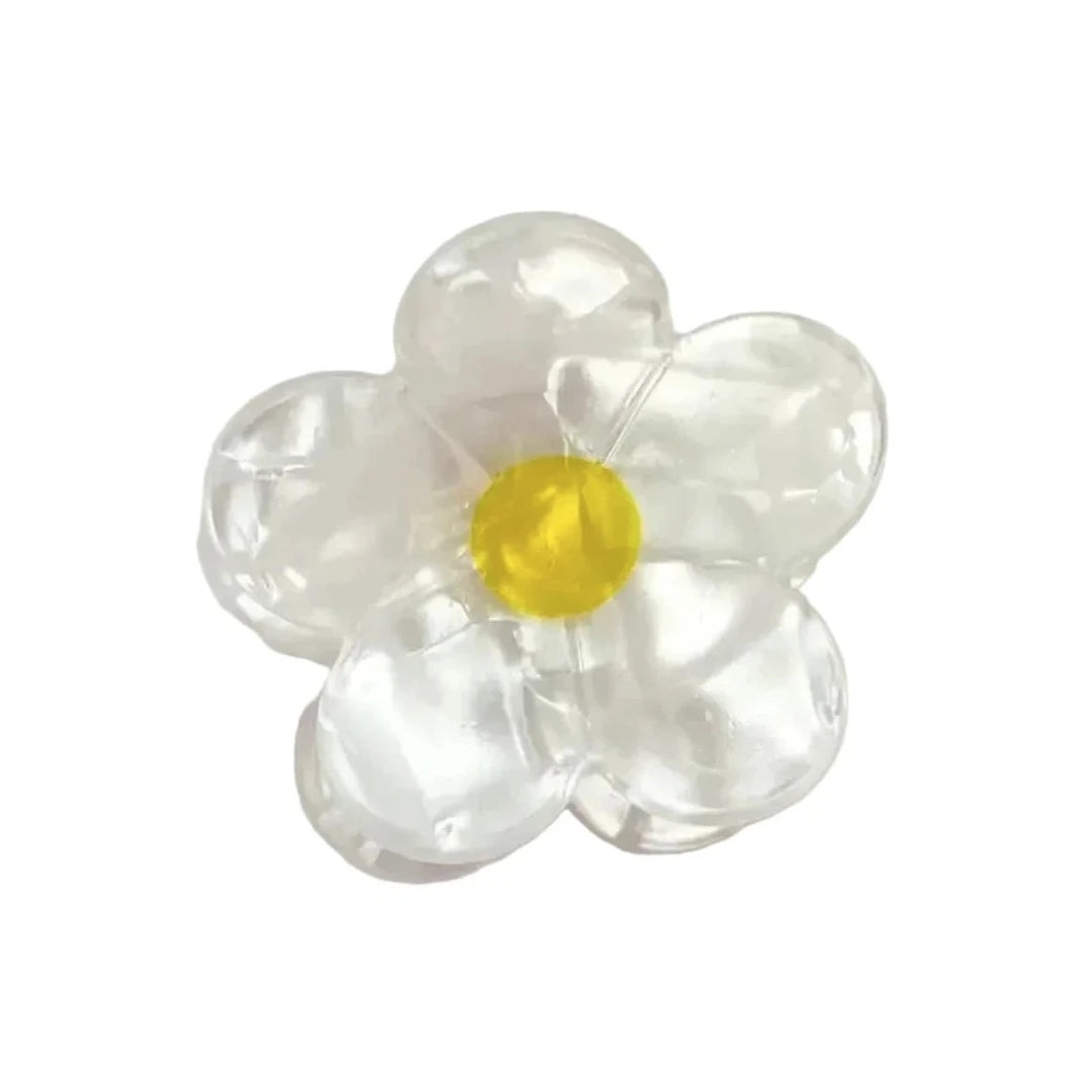 Clear iridescent mini flower claw clip with a yellow center.