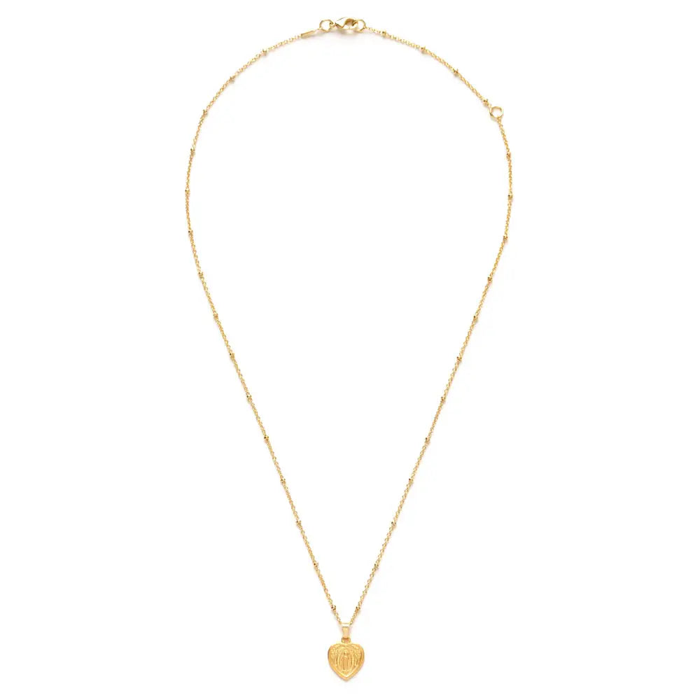 Gold Miraculous Mary heart medallion necklace with delicate beaded chain, shown in full view on white background.