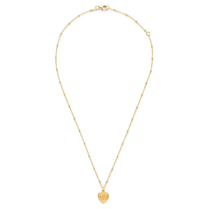Gold Miraculous Mary heart medallion necklace with delicate beaded chain, shown in full view on white background.