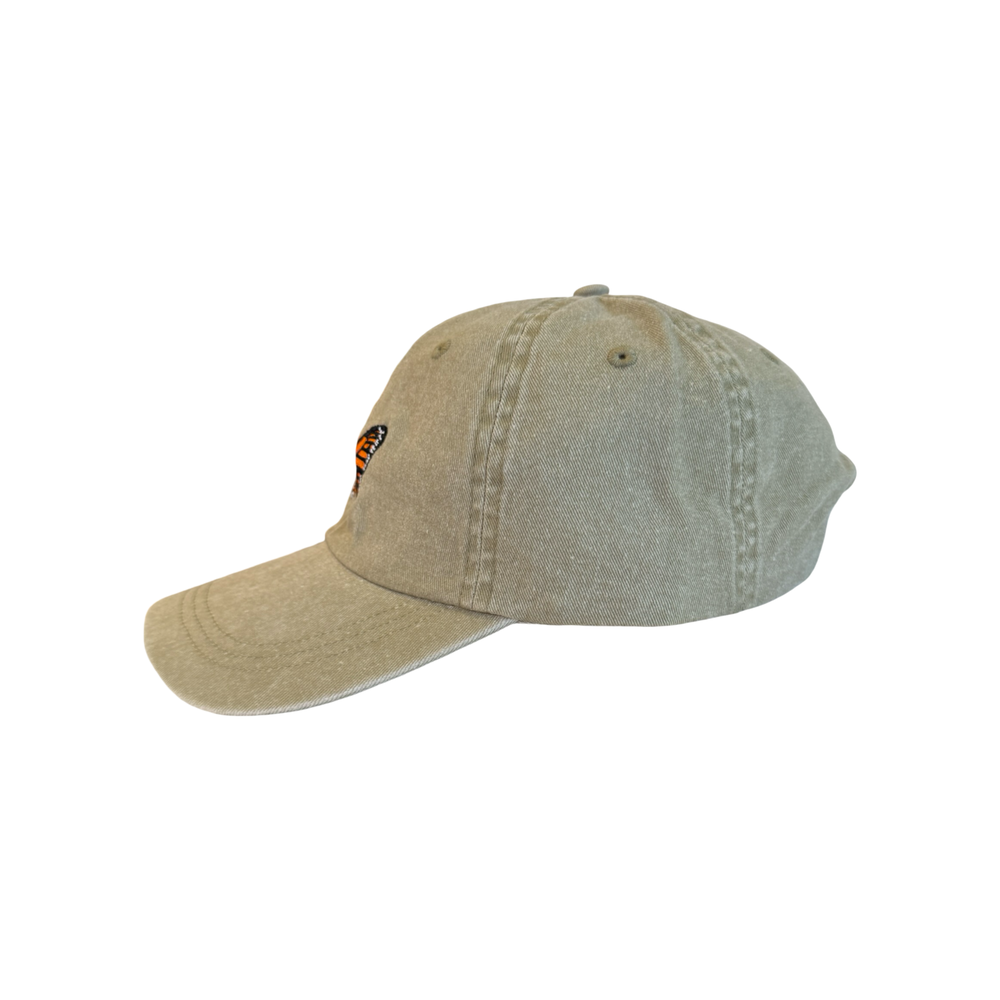 side view of a khaki hat with a monarch embroidered in the center