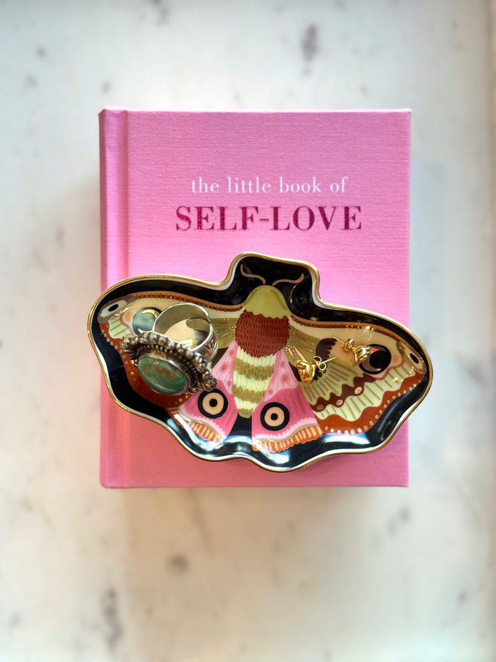 Pink book titled 'the little book of SELF-LOVE' with a moth design on a marble surface