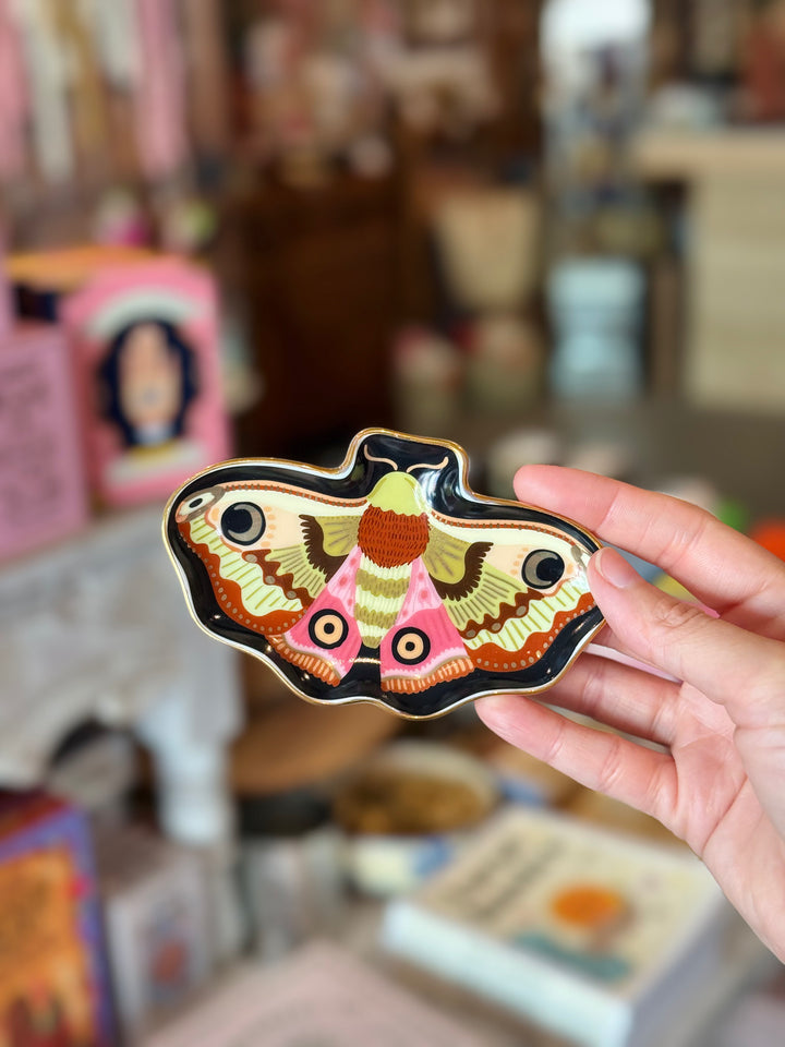 Colorful moth-shaped decorative tray held by a hand in a store setting