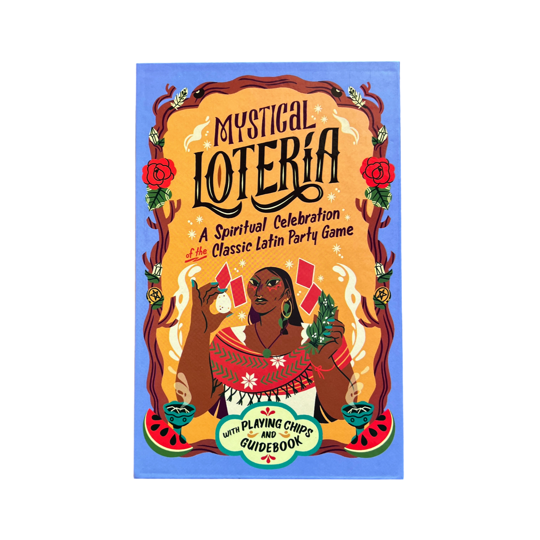 Cover of the game 'Mystical Lotería: A Spiritual Celebration of the Classic Latin Party Game' featuring a colorful illustration with a female figure, flowers, and decorative elements against a blue background.