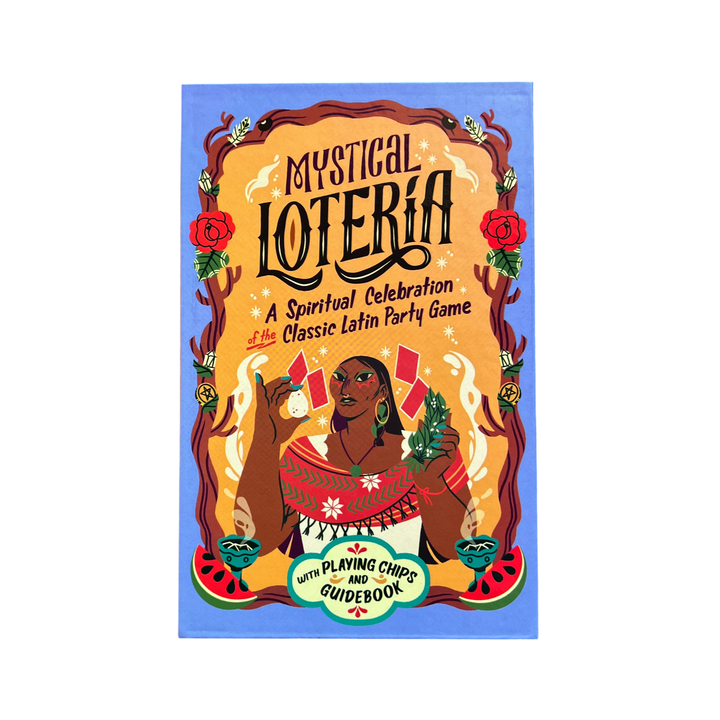 Cover of the game 'Mystical Lotería: A Spiritual Celebration of the Classic Latin Party Game' featuring a colorful illustration with a female figure, flowers, and decorative elements against a blue background.